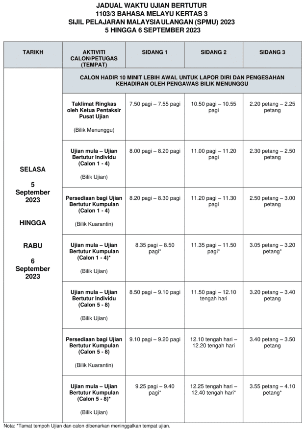 JADUAL WAKTU UJIAN BERTUTUR SPMU 2023 - Jadual Peperiksaan SPMU 2023 (SPM Ulangan)