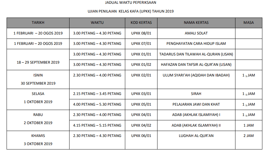 jadual waktu peperiksaan upkk 2019 - Jadual Peperiksaan UPKK 2019 Tarikh Ujian Bertulis